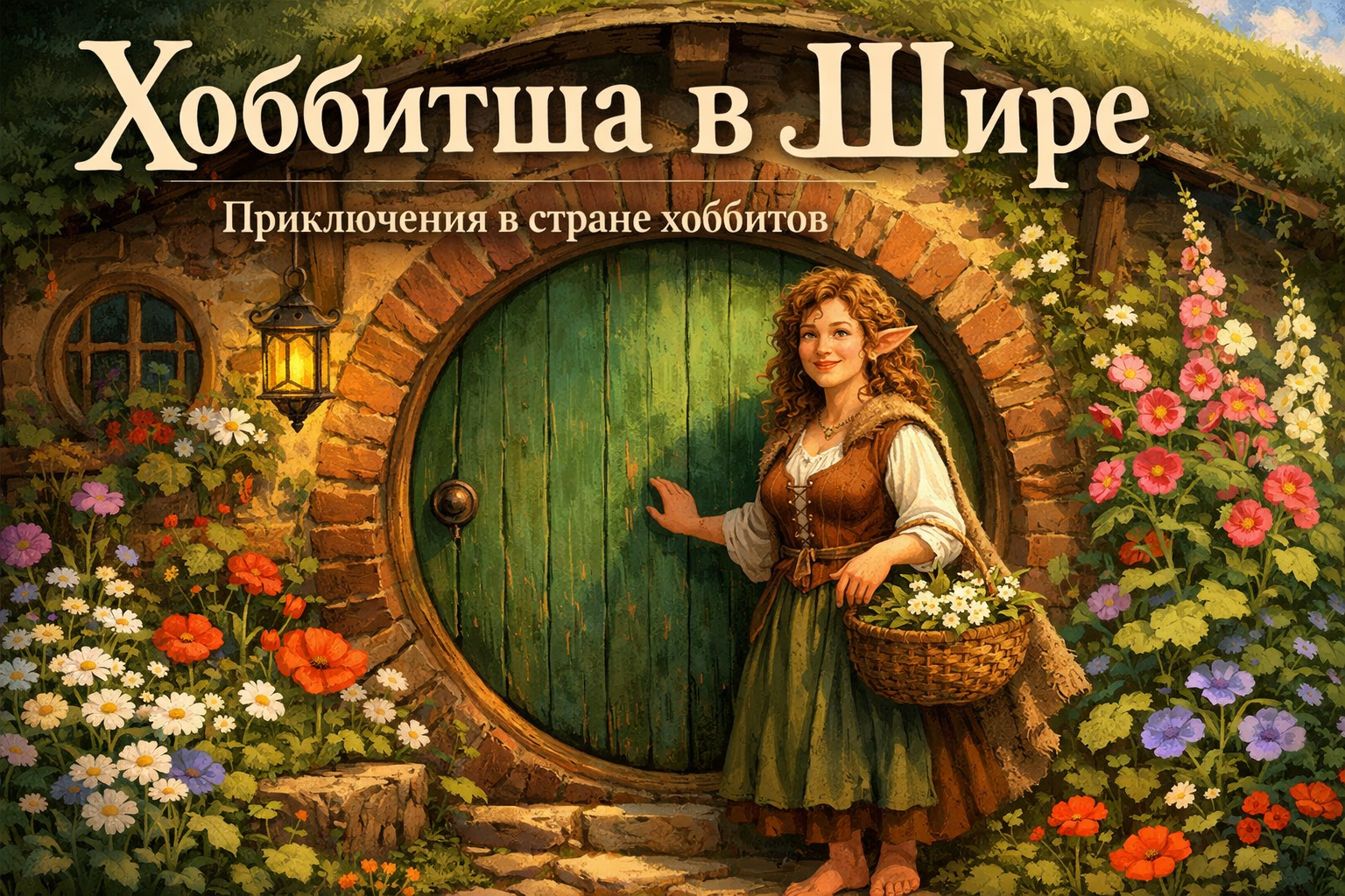 Женщина хоббит в Шире у круглых дверей с цветами, иллюстрация